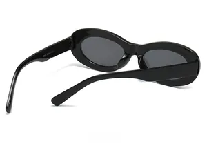 Rear view of sleek black oval sunglasses featuring thick temples and dark grey lenses