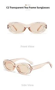 Detail view of tea-colored oval sunglasses with crystal rhinestones on the frame