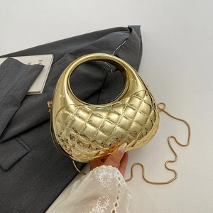Glossy gold shell evening clutch with diamond lattice texture and round metal handle
