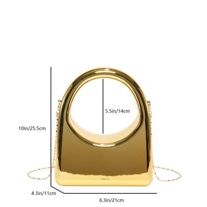 Metallic gold acrylic evening clutch bag with circular handle and crossbody chain strap