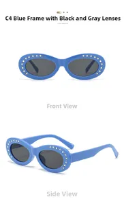 Detail view of blue oval sunglasses with double row rhinestones and black gray lenses