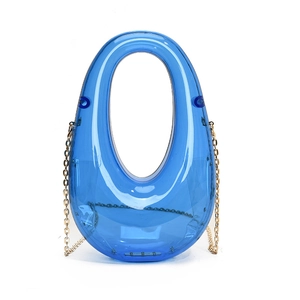 Deep blue transparent acrylic clutch bag with round hollow handle and gold chain strap