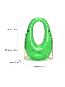 Detailed dimensions of transparent green acrylic evening bag with gold chain and sizes in cm