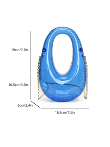Detailed size specifications for transparent blue acrylic evening bag with gold chain