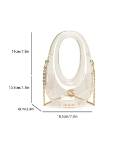 Detailed size dimensions of the oval acrylic clutch bag with golden chain strap