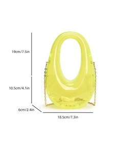 Detailed dimensions of yellow transparent acrylic evening bag with gold chain strap