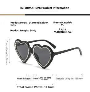 Detailed size chart for heart-shaped rhinestone sunglasses showing frame and lens dimensions