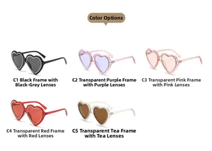 Detail display of rhinestone heart-shaped sunglasses in five assorted fashion colors