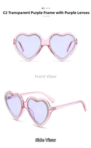 Detail of pink heart-shaped sunglasses with rhinestones and purple lenses from two angles
