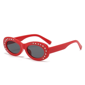 Hip hop oval sunglasses with red rhinestone frame and dark grey lenses for street style
