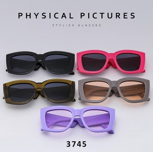 Detailed grid of rectangle sunglasses in five colors with thick frames and glossy finish