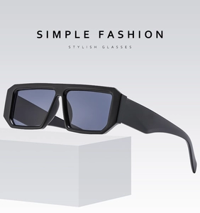 Detailed side view of thick geometric black square sunglasses on a white pedestal