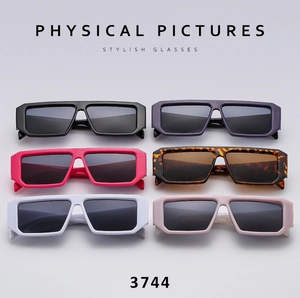 Flat lay display of thick frame rectangle sunglasses in six diverse trendy colors