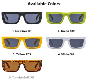 Detailed grid view of chunky rectangular sunglasses in five versatile fashion colors