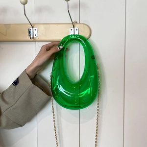 Acrylic Evening Bag Transparent Jelly Color Oval Hollow Handle Handbag With Golden Chain Strap For Women Party Banquet