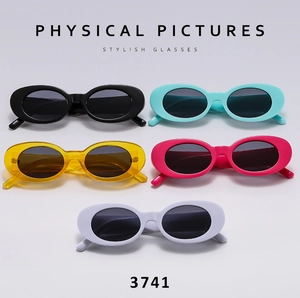 Collection of retro oval sunglasses in five vibrant colors with smooth plastic frames