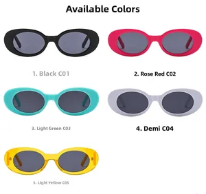 Flat lay of oval fashion sunglasses in black, pink, green, white, and yellow colors
