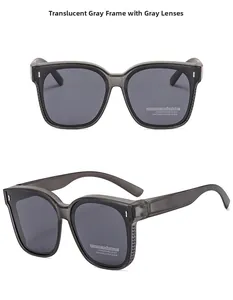 Detail view of transparent grey square sunglasses with HD polarized and anti-reflective lenses