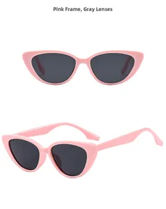 Detail view of pink cat-eye sunglasses with gray lenses from front and side angles