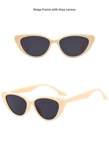 Front and side view of beige cat-eye sunglasses featuring dark grey lenses for women