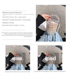 Detailed size specifications and dimensions for the acrylic pearl beaded bucket handbag