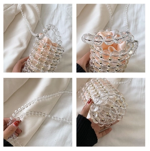 Detailed four-angle view of handmade clear acrylic pearl bag with pink satin liner