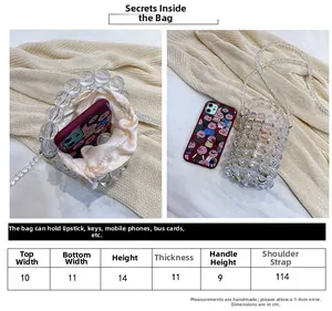 Detailed size chart for handmade acrylic pearl cylinder bag with crossbody strap measurements