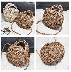 Detail of handwoven straw bags showing round spiral texture and dual strap design