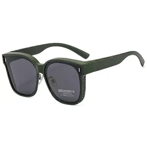 Chic military green polarized oversized square sunglasses with rivet details and side shields