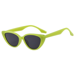 Retro cat-eye sunglasses with neon green frame and dark lenses on white background