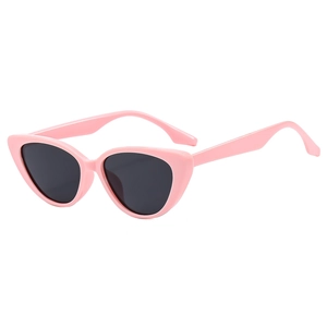 Retro cat-eye sunglasses with light pink frames and dark lenses shown in a 45-degree angle view