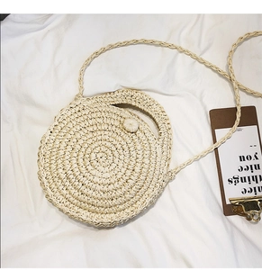 Detailed macro view of a round straw beach bag featuring hand-woven spiral patterns