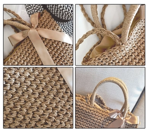 Detailed view of woven straw bag with champagne satin ribbon and fabric lining detail