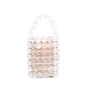 Handmade clear and peach acrylic pearl beaded bucket bag with gold metal accents