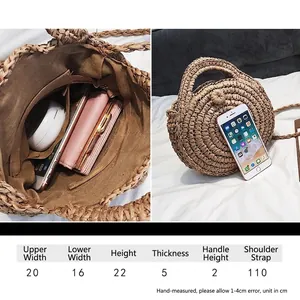 Handmade straw beach bag size guide and internal capacity comparison with smartphone