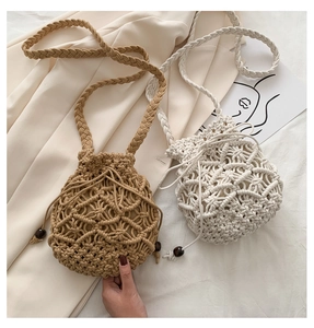 Borsa A Secchiello Intrecciata A Mano Corda Di Cotone Traforata Coulisse Borsa A Tracolla Spalla Perla In Legno Estate Spiaggia