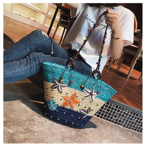 Detail of woven straw beach bag with three-color patchwork and 3D floral beaded ornaments
