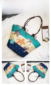 Detailed close-up of colorful straw tote bag with woven flowers and bead handle