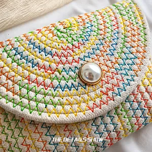 Texture détaillée d'un sac en paille tissé avec coutures ondulées colorées et fermoir perle géant