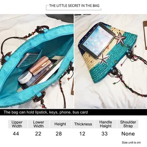 Handwoven straw beach bag with starfish decor and size chart for vacation styling