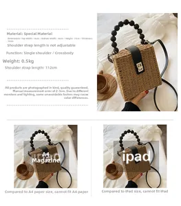 Detailed dimensions of woven straw handbag with beaded handle and leather flap