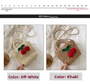 Detail view of handmade woven mini crossbody bags with decorative red cherries in two colors