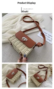 Détail du sac bandoulière en paille kaki avec rabat en cuir et fermoir argenté