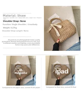 Detailed size specifications of straw tote bag with lace bow and woven texture info