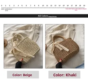 Beige and khaki straw woven bags with lace bow ties in bohemian summer beach style