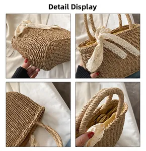 Detailed views of a straw handbag featuring white lace bow and yellow fabric lining