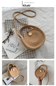 Detail of khaki woven straw bag showing spiral texture and wooden button closure