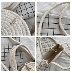 Macro detail of handwoven cotton rope bag featuring a decorative carved wooden button closure