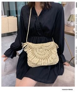 Detail of hand-woven straw shoulder bag with tassels and delicate paper rope texture