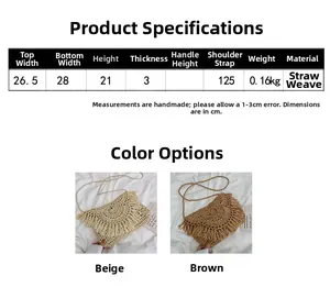 Size specifications of handmade tassel straw bag with dimensions and weight details
